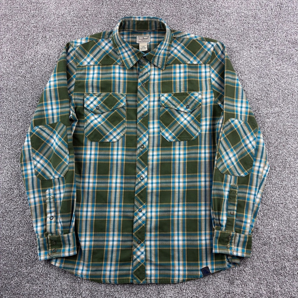 L.L. Bean Western Snap Flannel Shirt Mens M Green Plaid Polyester Wool 298102